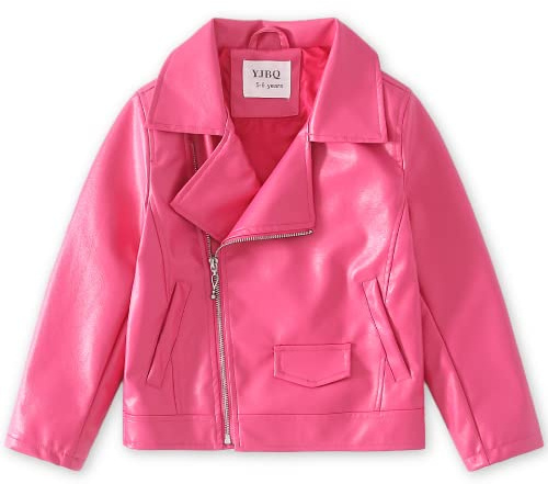 Girls faux Leather Jacket Motorcycle Outerwear Kids Soft PU Outfit Children Zipper Coats with pockets Ages 4-14 (5-6 Years, Pink)