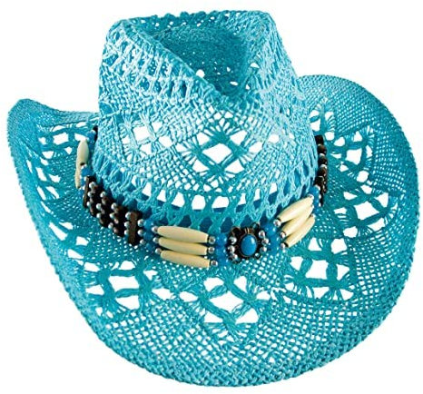 Western wear Chapeau de paille style western avec bandeau en perles, Turquoise., XL