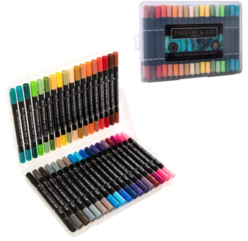 Fairfax & Co Brush Pens mit Doppelspitze | 36 hochwertige Aquarellstifte in Aufbewahrungsetui | Wasserbasierte, mischbare Tinte | Brush Pen Set für Zeichnen & Skizzieren.