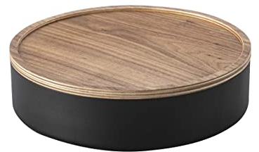 YAMAZAKI 5800 RIN Runde Aufbewahrungsbox mit Deckel, schwarz, Stahl/Holz, minimalistisch, 22 x 22 x 6 cm
