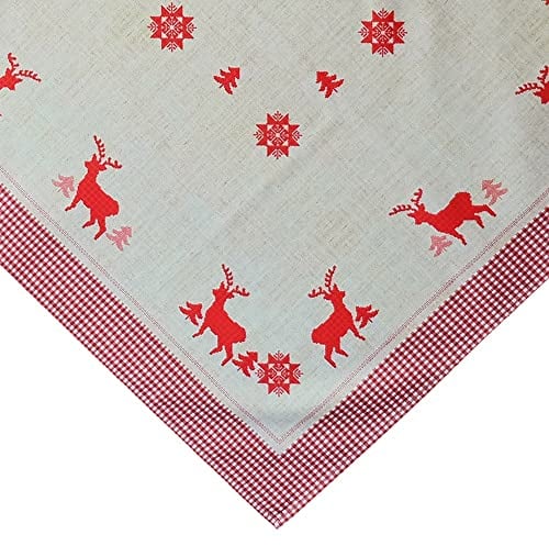 matches21 Tischdecke Hirsche Bäume Karo Bordüre Druck Heimtextilien Mitteldecke rot beige Polyester 1 STK 85x85 cm