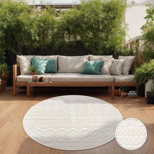 TT Home In-& Outdoorteppich Wetterfest Balkon Schlafzimmer Boho Skandi Motiv Unifarben, Farbe:Creme 4, Größe:120 cm Rund
