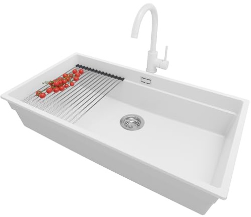 PRIMAGRAN Granitspüle ab 90er Unterschrank + Küchenarmatur, 86x47cm | Set: Küchenarmatur BW5010 + Ablauf-Set (Siphon, Ablaufgarnitur, Überlauf) + Abtropfmatte + Spülbecken 1 Becken - Prag, Weiß