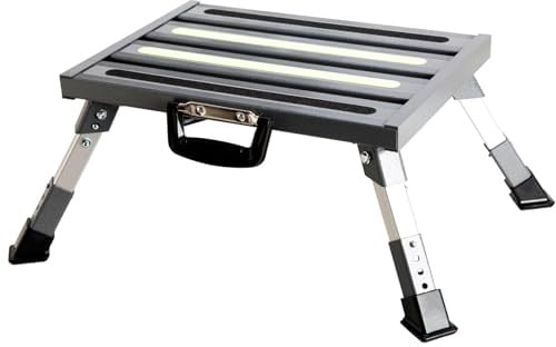 GarfatolRv Wohnmobil-Stufen, 4-stufig höhenverstellbar, zusammenklappbar, Grauer Hammerton, Rutschfester fluoreszierender Streifen, Aluminium-Plattform, Wohnmobil-Zubehör, unterstützt bis zu 453 kg