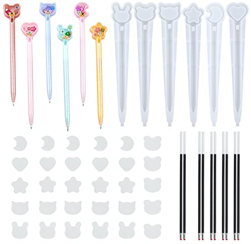 KyeeaDIY 6 Stück Silikonformen Epoxidharz Kugelschreiber mit 10 Nachfüllungen, Resin Formen für 3D Stift, Resin Silikonform Kugelschreiber Silikon Gießform Stifte Set Pen Resin Molds (weiß)