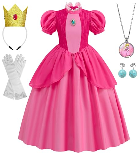 WIOLETA Princess Peach Costume Peach Kostüm Rosa Prinzessin Kleid Mädchen Prinzessin Kostüm Mädchen mit Krone, Ohrringen, Halskette, Handschuhen für 3-10 Jahre