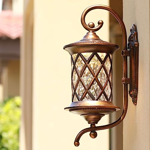Mengjay Retro Wandlampe-Antike Außenwandleuchte E27 Gartenlampe Retro Antike Wandleuchte mit Glaslampe Abdeckung Outdoor Lampe Wasserdichte Tür Balkon Villa Außenlampe-Antike Farbe. (F)