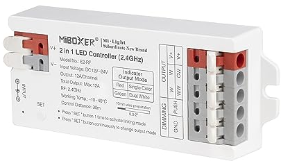 LIGHTEU®, Milight Miboxer 2 in 1 LED Controller 2,4 GHz LED Streifen Controller DC12V/24V Ausgang max. 12A, unterstützt Push Dim, E2-RF