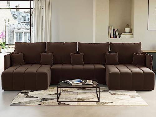 Bestmobilier Petra – Wohnlandschaft U-Form – 7-Sitzer – mit Schlaffunktion – mit Bettkasten – aus Samt Taupe