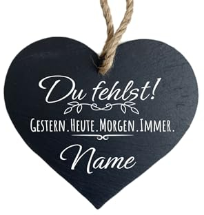 KS Laserdesign Schieferherz 10x11cm mit Gravur - Du fehlst - Name personalisiert Grabdeko Grabgesteck Erinnerung Andenken an Verstorbenen Vermissen Dich Grabschmuck Grabdekoration Friedhof wetterfest