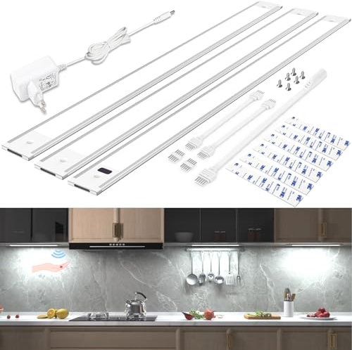 WOBSION LED Unterbauleuchte Küche Dimmbar mit Berührungsloser Sensor,Kaltweiß Unterbau Lichtleiste für Unterschrank Beleuchtung,6000k Ultra Dünn Lampe für Küchenschrank,Werkbank,42CM×3PCS,1300LM