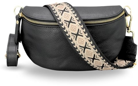 ADEL Bauchtasche Damen Echtleder Emma Gold Handgemachte Umhängetasche Crossbody Bag mit Optionalen Breiten Gemusterten Riemen Stylische Hüfttasche Made in Italy (Schwarz-Gold 2, Small)