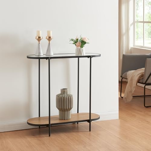 [en.casa] Mueble Recibidor Consola Mesa de Entrada en Forma Ovalada con Estante Adicional Decorativo Estructura Metálica MDF Cristal 80 x 80 x 30 cm - Negro Transparente Efecto Roble