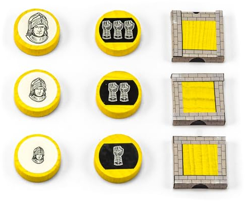 Waldfelsen® Hozfiguren: 6 Ritter und 3 Stadtmauern inkl. Aufkleber geeignet für Die Siedler (Farbe: Gelb)