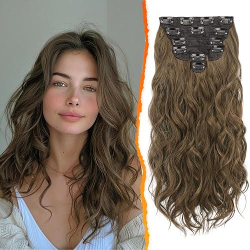 BARSDAR Haarverlängerung Für Damen, 50CM Lang Wellig Braun Extension, 6PCs Voller Kopf Dickes Synthetisches Clip-in Haarteil (Kastanien & Schokolade Braun)