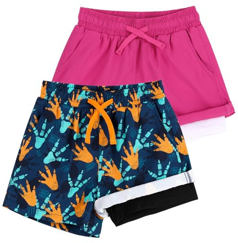 LACOFIA 2 Pièces Maillot de Bain Garçons 2 en 1 Shorts de Bain pour Enfant avec Compression Boxer Short de Natation/Plage/Surf à Taille élastique Séchage Rapide Rose+Bleu 4 Ans
