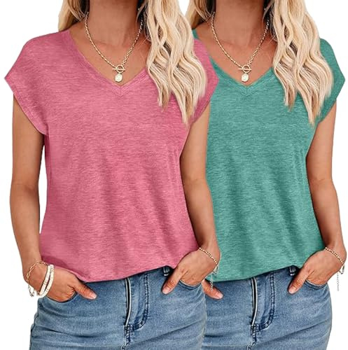 YUTILA Pack de 2 T-shirts pour femme été décontracté basique à manches courtes uni hauts décontractés col en V tee-shirt, Rouge + vert., M