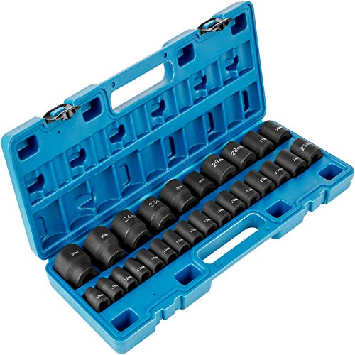 VEVOR Jeu de Douilles à Choc 1/2 26PCs, 6 Pans en Acier Allié CR-V, Douilles à Impact Peu Profondes 10-36 mm, avec Mallette de Transport, pour Réparation Auto
