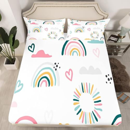 3D Regenbogen Spannbettlaken 90x190 cm, Mikrofaser Bettlaken für Kinder, Regenbogen Bettlaken - Tiefe Tasche 30 cm Mit 1 Kissenbezügen K2515
