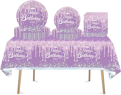 Juego Vajilla Fiesta Cumpleaños 41 Piezas para Niñas - Decoraciones Moradas con Platos, Vasos, Servilletas - Desechable Niños y Mujeres - Mantel Incluido