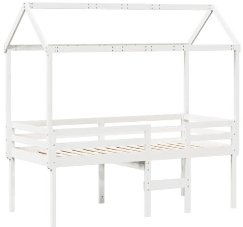 vidaXL Hochbett, Kinderbett mit Dach Leiter Sperrholzlatten, Spielbett für Kinderzimmer, Bett Holzbett Einzelbett, Weiß 75x190cm Massivholz Kiefer
