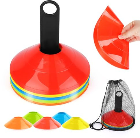 VFANDV Fussball Hütchen Set, 5 Farben hütchen Fussball Set mit Ständer und Netztasche, Runde Markierungshütchen für Hockey, Fussball, Eislaufen, Handball, Koordinationstraining (Colorful 25p)