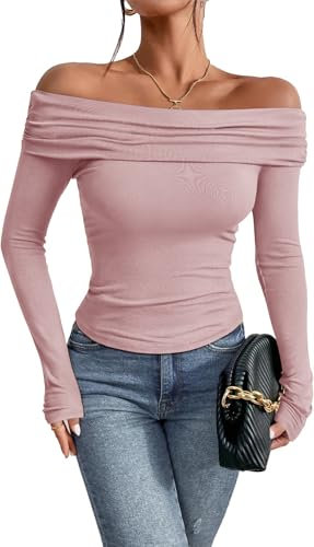 TrendiMax Womens Long Sleeve Off Shoulder Sexy Tops Ruched Elegant Shirts Knit Slim Fitted Blouse T Shirt Pink