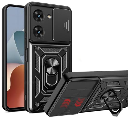 ESTH® Cover per ZTE Blade A54/Blade A34 con Custodia per Fotocamera Scorrevole e Supporto ad Anello [Custodia Paraurti Compatibile con Supporto Magnetico per Auto], Nero