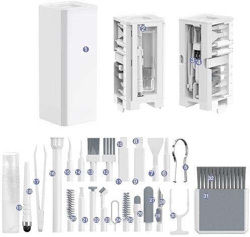 32-in-1 Multi-Functional Cleaning Kit for Electronics inlcuding Headphones,Mobile Phones,Computer,Monitor,Lens and etc, Compact and Portable Design, White