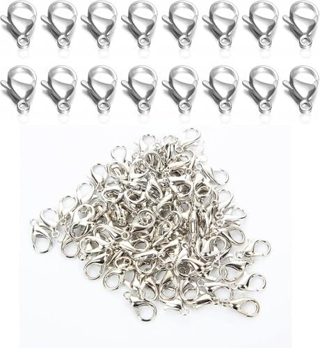 60 Pcs Jewellery Clasps, Lobster Clasps, Mini Bracelet Clasps,Clasp Key Split Clips Keychain Hooks for Jewellery Making Accessory DIY Crafts Suppliers 12mm x 7mm (Silver)