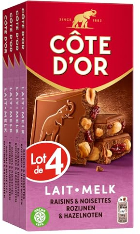 CÔTE D'OR - 4 Tablettes Côte d'Or Bloc Chocolat au Lait Raisins et Noisettes Entières 180g - Chocolat au Lait, Raisins, Noisettes Entières - Lot de Tablettes de Chocolat - Lot de 4x180g
