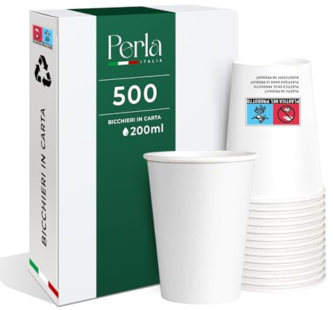 Perla - 500 Bicchieri in Carta da 200ml Ecologici Biodegradabili Monouso - Adatto per Bevande Fredde e Calde - Prodotto e confezionato in Italia - Made in Italy (Bianco)