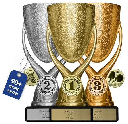 pokal-fabrik.de - Pokale 3er Set mit Gravur Wunschtext in Gold, Silber & Bronze - personalisiertes Geschenk & Sportemblem nach Wahl - 15 cm inkl. Marmorsockel - Geschenk-Trophäe | Pokal Kinder