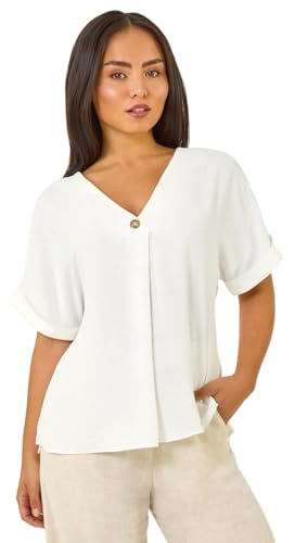 Roman Petite One Buttoned V-Neck Top for Women UK - Ladies Everyday Holiday Spring Summer V-Neckline Comfy Soft Evening Vacation Work Party - Petite White - Size 14