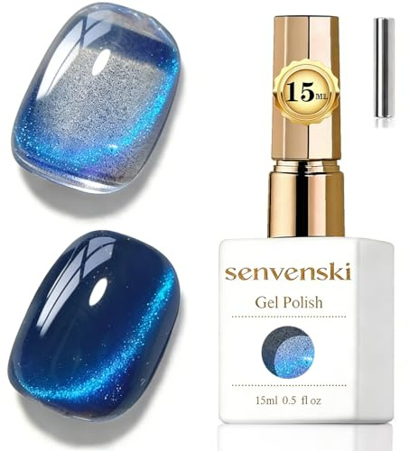 Senvenski Jelly Glass Cat Eye Gel Nail Polish with Magnet 15ML Magnetic 3D Galaxy Holographic Glitter Translucent Sheer Color Gel Polish Salon Home DIY (Azure Coast, MY1-044)