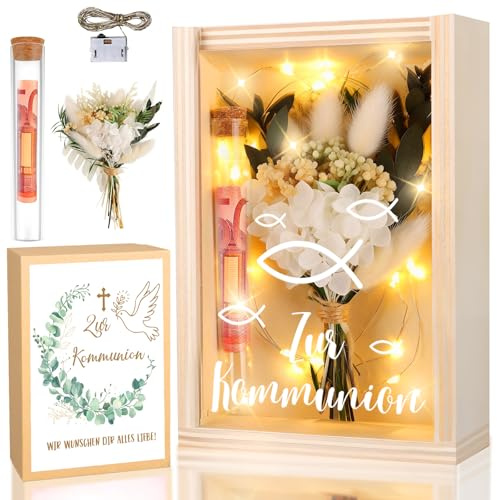 TUZELIYA Kommunion Geschenkbox, inklusive Trockenblumen+LED Lichterkette+Reagenzglas+Holzbox, Tischdeko, Geldgeschenk, Erstkommunion deko Junge Mädchen Geschenke Gastgeschenke