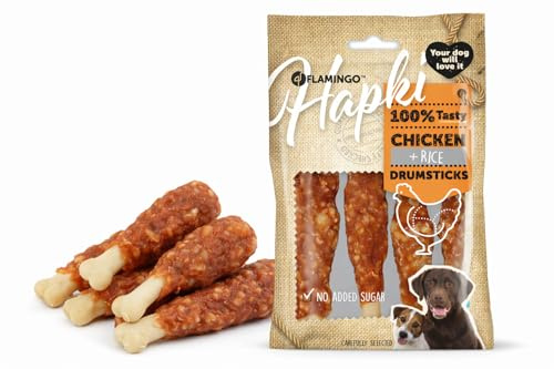 Hundeleckerli - Leckerli Hund - Flamingo Hapki Drumstick mit Huhn & Reis - 10 cm - 85 g - ohne Zuckerzusatz