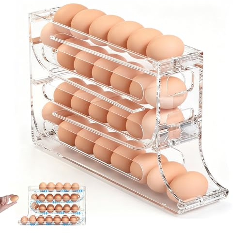 Huevera para Nevera Organizador de Huevos Automático de 4 Niveles, Gran Capacidad 30 Huevo, Porta Huevos para Nevera Diseño Ahorra Espacio para Cocina y Refrigerador, Fácil Acceso y Organización