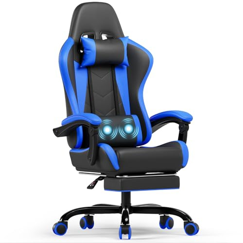 Devoko Massage Gaming Chair, Computer Office Chair with Footrest, Racing Gamer Chair 150 kg Load Capacity, 90-135° Backrest Adjustable Ergonomic PC Chair, 360° Rotatable(Blue)