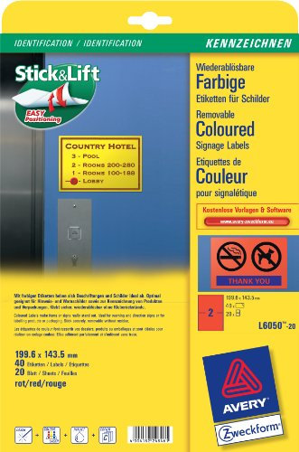 Avery Zweckform L6050-20 Farbige Etiketten, 199,6 x 143,5 mm, 20 Blatt/40 Etiketten, rot