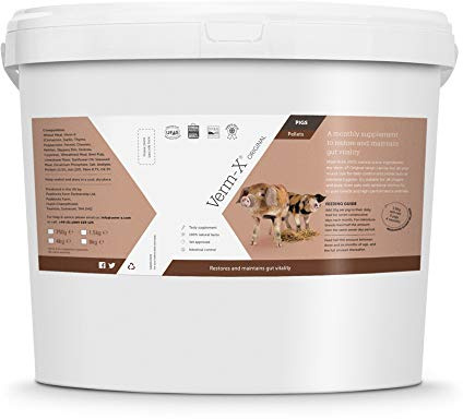 Verm-X Original All Natural Pellets for Pigs. Approved for Use on Organic Farms. Supports Intestinal Hygiene. Vet Approved. Restores and maintains Gut Vitality. Wormwood Free Recipe.