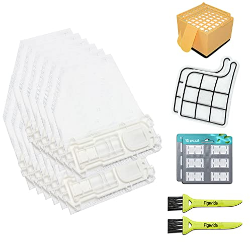Figevida Kit 12 Sacchetti Compatibili Per Vorwerk Folletto VK135/136 + 12 Profumini + 2 Filtri Griglia Motore + 2 Filtri HEPA + 2 Spazzolini - Garanzia 24 Mesi