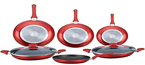 Batterie de cuisine - lot de casserole induction - set casserole et poele tous feux - Batterie de cuisine revetement pierre 8 pieces rouge Tous Feux - Herzberg HG6010-RED