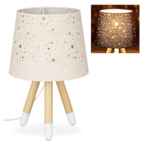 Relaxdays Tischlampe Kinderzimmer, Nachttischlampe für Mädchen, E14, runder Stoffschirm mit Sternen, 40 cm hoch, 50% Eisen , rosa