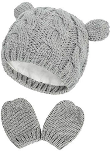 Yixda Neugeborene Baby Mütze und Handschuhe Set Kleinkind Winter Strickmütze Hüte (Grau 2, 6-18 Monate)