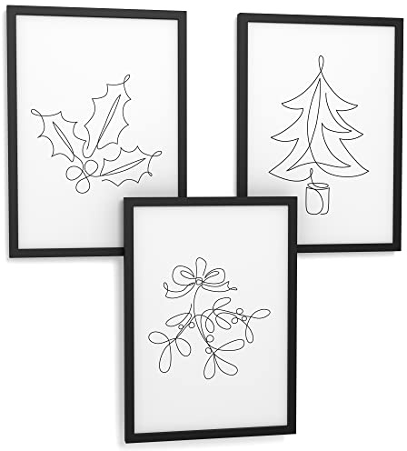 Papierschmiede® XMAS Poster 3er Set, A4 Bilder fertig gerahmt (Rahmen mit „jetzt anpassen“ auswählen), Weihnachten Wanddeko, Schlafzimmer, Wohnzimmer Dekoration, Küche, One Line
