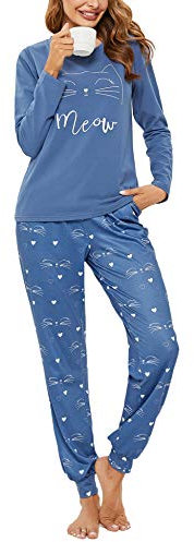 Sykooria Pigiama Donna Invernale Pigiama Donna Cotone Leggero Pigiama Lungo Donna Caldo Pantaloni Lunghi Casual con Tasca e Top con Motivo a Carino Due Pezzi M Blu Scuro