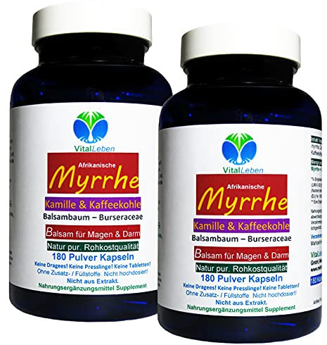 MYRRHE + KAMILLE + KAFFEEKOHLE Balsam für den gestressten Darm 360 (2x180) Pulver Kapseln nach AYURVEDA und Hildegard von Bingen - NATUR pur - OHNE ZUSATZSTOFFE. 27160-4