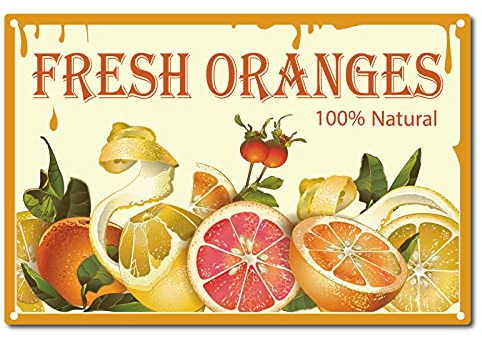 CREATCABIN Oranges Fraîches Signe D'Étain Vintage Métal Signe D'Étain Rétro Fer Affiche Peinture pour la Maison Bar Café Cuisine Restaurant Décoration Murale, 8 x 12 pouce