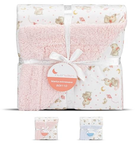 Interbaby - Manta Bebe Recien Nacido | Mantita Bebe 100% Poliéster, Terciopelo, Suave, Cómoda, Cálida | Manta Meses Bebe 80x110cm, Unisex, para Cunas, Carritos | Elefante + Borreguillo Rosa